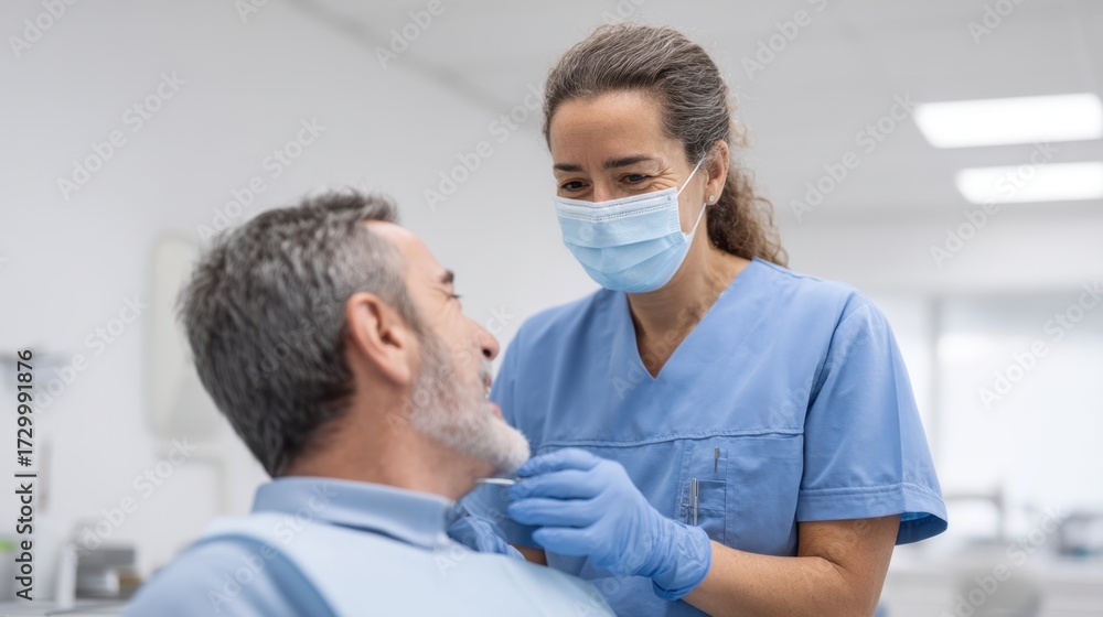 Fototapeta premium Dentist provides gentle care to patient in modern dental clinic with bright interior lighting and professional staff focused on oral health and comfort