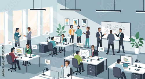 Busy office scene depicts colleagues collaborating, working, and discussing ideas.