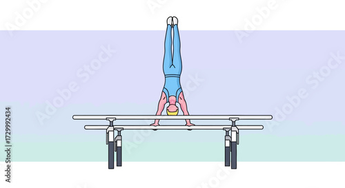 A gymnast performing a handstand on parallel bars, showcasing strength and balance.