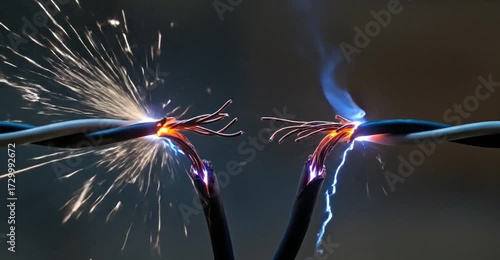 Intense short circuit sparking with electrical fire from damaged power cable wires