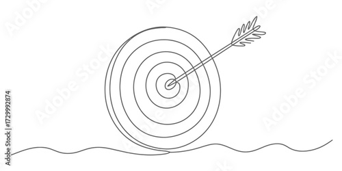 Single continuous line drawing vector illustration of a target with an arrow hitting the bullseye vector