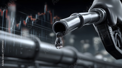 Close-up of a gas pump nozzle with a drop of fuel, blurred background with financial stock chart, energy and petroleum industry concept.