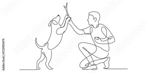 Continuous one line drawing vector illustration of person and dog giving a high five vector