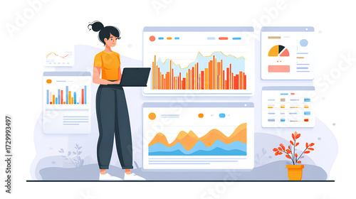 Business statistic data and sales data analytics dashboard. Graphs and charts of web marketing analysis. Analyst using laptop computer to analyze data. Stock Illustration