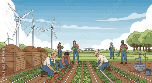Farmers harvesting crops in a field, with wind turbines and a well in the background.
