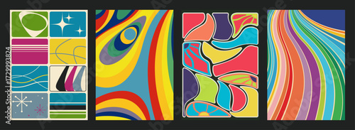 1960s Abstract Pattern Set, Colorful Fluid and Mosaic 60s Backgrounds, Vintage Color Combinations Fabric Decors