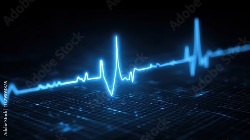 A luminous blue electrocardiogram (ECG) trace displays a steady heartbeat rhythm across a dark blue digital grid, symbolizing health and medical technology
