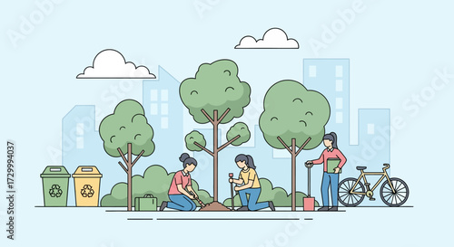 People planting trees in a park, contributing to environmental conservation and a greener community.