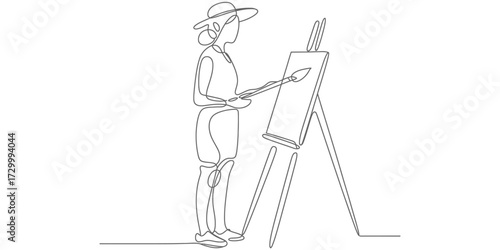 Continuous line art vector illustration of an artist painting at an easel vector