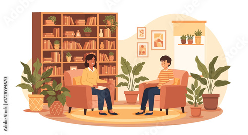 A therapist and patient sit in armchairs in a cozy office with bookshelves and plants during a counseling session.