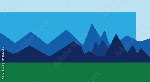 Abstract landscape illustration featuring layered mountain peaks and green grass.