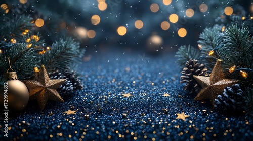Festive holiday background featuring gold stars and shimmering glitter on dark blue sky backdrop for Christmas and New Year