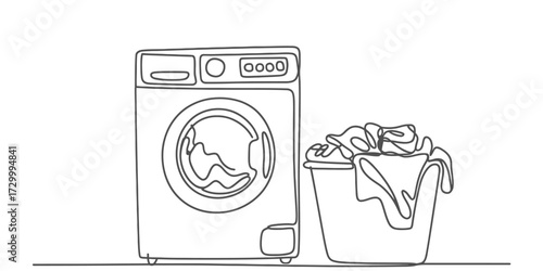 Continuous line drawing of a modern washing machine and laundry basket vector illustration vector