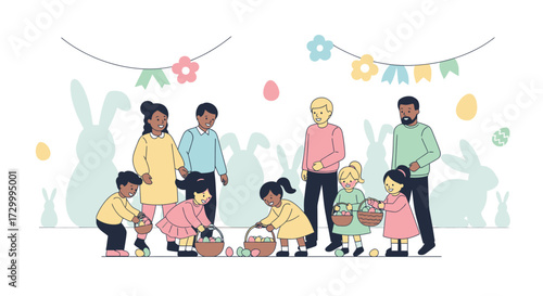 A group of diverse children and adults gather Easter eggs in baskets, with bunny silhouettes and festive decorations in the background.