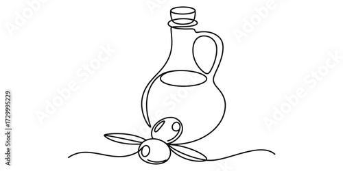 Continuous line vector illustration of olive oil bottle and olives vector