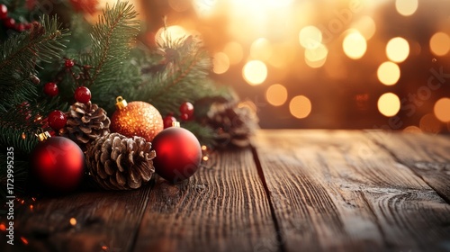 Festive Holiday Bokeh Background with Blurred Lights and Empty Wooden Table Surface for Seasonal Displays