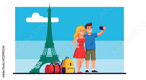 A happy couple takes a selfie in front of the Eiffel Tower, enjoying their vacation.