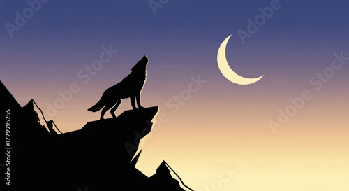 Silhouette of a wolf howling at the crescent moon, standing on a rocky cliff against a twilight sky.