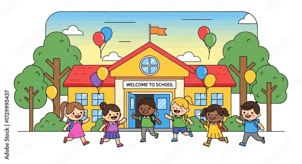 Obraz premium Children joyfully run towards a school building decorated with balloons, signaling the start of the school year.