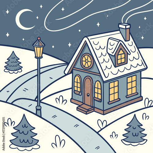 Cozy Christmas Cottage A Winter Scene Under the Moonlight, Festive Holiday Illustration