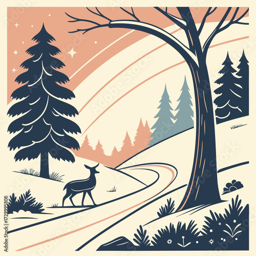 Whimsical Christmas Winter Landscape with a Deer, Pine Trees, and Snowy Hills