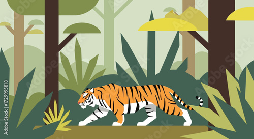 A tiger walks through a stylized jungle scene with trees, leaves, and a path.
