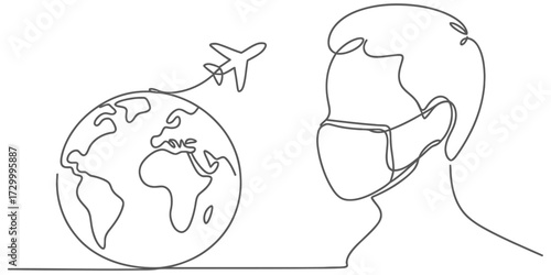 Minimalist one line drawing of global travel safety and masked traveler vector
