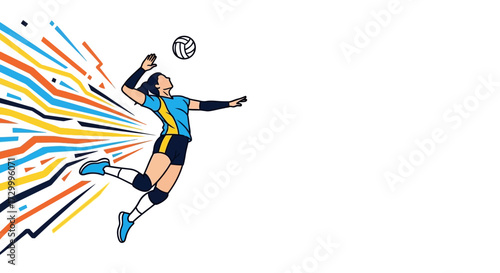 A stylized illustration of a female volleyball player spiking the ball, with colorful streaks emanating from her.