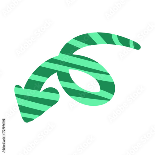 Green striped arrow pointing down and to the left with swirl