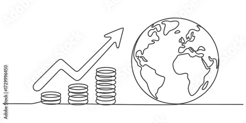Continuous one line drawing of global financial growth with ascending coin stacks and earth vector