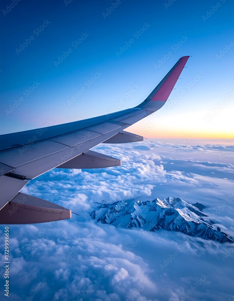 Obraz premium Airplane wing over clouds and mountains at sunrise