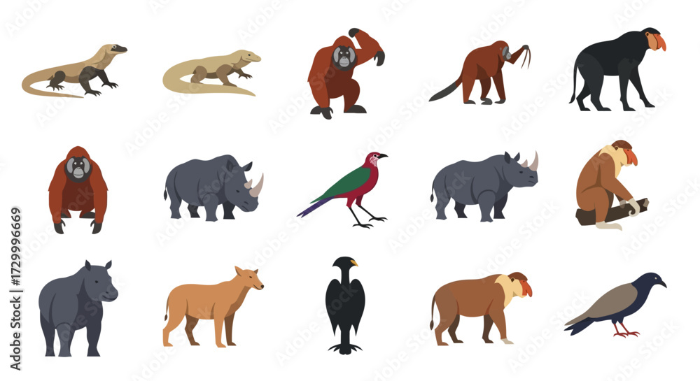 Fototapeta premium Collection of diverse wild animals and birds depicted in a flat illustration style.