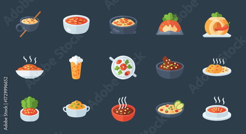 Collection of Diverse Soup and Stew Icons on Dark Background.