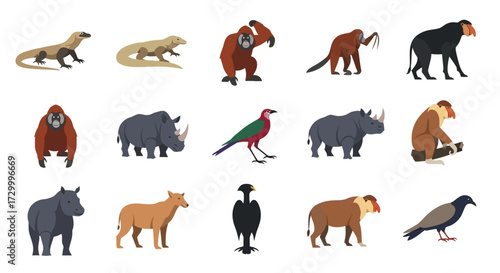 Collection of diverse wild animals and birds depicted in a flat illustration style.