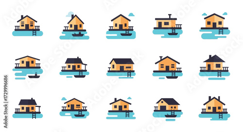 Collection of diverse stilt houses on water with small boats.