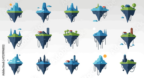Collection of fantasy floating islands with trees and structures.