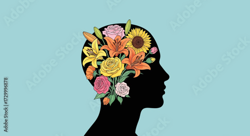 A silhouette of a head filled with a vibrant assortment of colorful flowers.