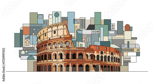 Illustration of the Colosseum in Rome, Italy, with a stylized cityscape background.