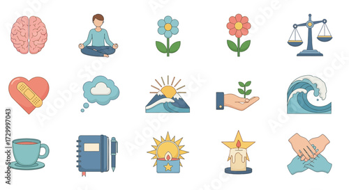 Collection of flat design icons representing mindfulness and well-being.