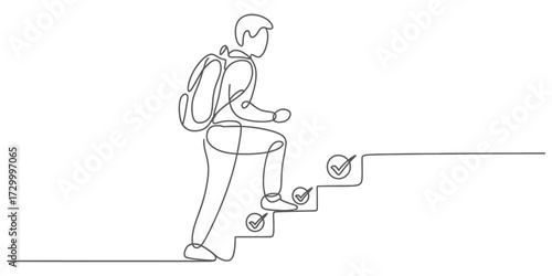 Continuous line drawing vector illustration of a person ascending stairs with a backpack vector