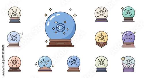 Collection of Fortune Telling Crystal Ball Icons with Sparkling Effects.