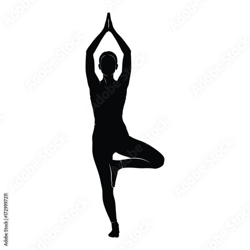 Silhouette of woman performing tree pose yoga for inner balance and strength silhouette