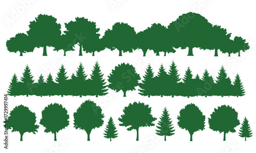 Forest trees evergreen deciduous silhouettes vector