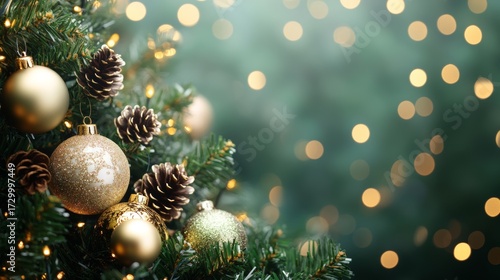 Vibrant Green Christmas Holiday Scene with Panoramic Bokeh Lights and Festive Background Elements