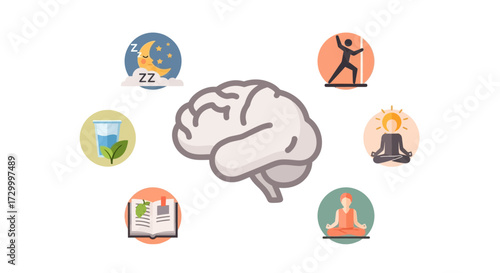Brain surrounded by icons representing healthy habits like sleep, exercise, hydration, reading, and meditation.
