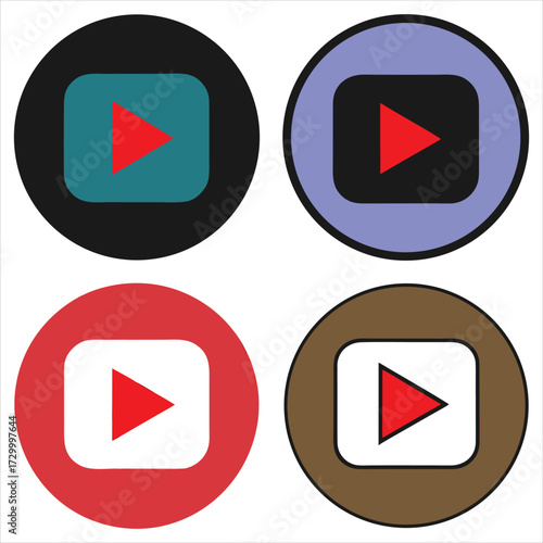 Four play button icons different colors media video