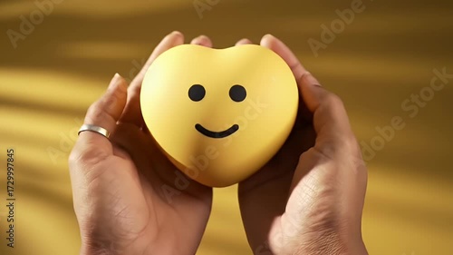 Hands Tenderly Cradle a Smiling Yellow Heart Shape Against a Soft Yellow Background Sunlight Creates Shadow Patterns Mental Health Awareness Illustration for Stock Footage and Creative Projects