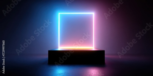 black square podium in dark room with neon lights. black square podium for product advertising You said: isolated on ultra quality image 8k resilution white blue neon pastel background