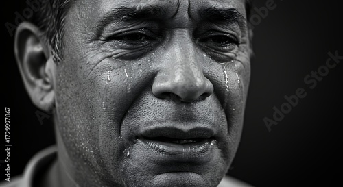 Intimate portrait of a man crying with tears close up in black and white