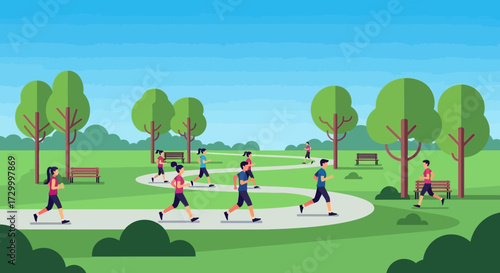 A group of people jogging and running on a winding path in a park setting.